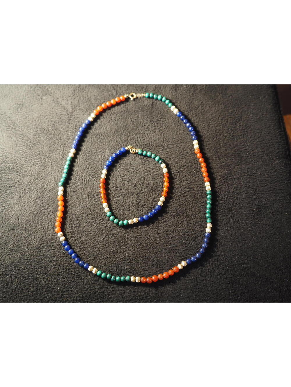 Beaded Necklace and Bracelet Set 12k Gold, Lapis Lazuli, Malachite, Coral beads